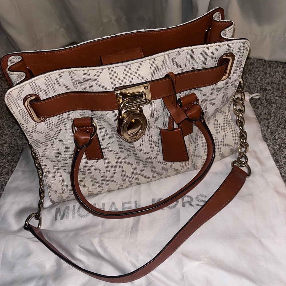Michael Kors Cream & Brown MK Logo Satchel with Gold Hardware